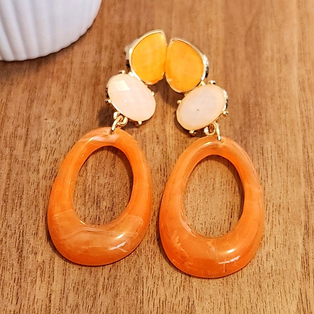 Orange Marbled Resin Drop Statement Earrings Gold Tone Geometric Dangle 2.25"